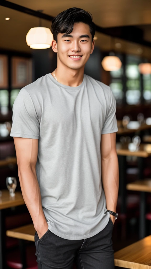 single: 1.5, (ที่TRUEแล้ว, Masterpiece, 8k HD, good light quality, sportswear, to fit the face, complicated details), A handsome Korean man with muscular arms.. , 20 years old, be happy, smile brightly, detailed face, delicate eyes, look at the sky, Wearing a tight gray t-shirt:1.6 ,Wear a denim coat.., Jeans era, black eyes, Black hair color, ผมsmooth, smooth，SurTRUE，Excellent details，Highest quality，TRUE，Open your mouth to talk.. , Close your eyes.., (Standing in a restaurant:1.5)