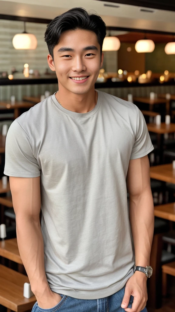 single: 1.5, (ที่TRUEแล้ว, Masterpiece, 8k HD, good light quality, sportswear, to fit the face, complicated details), A handsome Korean man with muscular arms.. , 20 years old, be happy, smile brightly, detailed face, delicate eyes, look at the sky, Wearing a tight gray t-shirt:1.6 ,Wear a denim coat.., Jeans era, black eyes, Black hair color, ผมsmooth, smooth,SurTRUE,Excellent details,Highest quality,TRUE,Open your mouth to talk.. , Close your eyes.., (Standing in a restaurant:1.5)