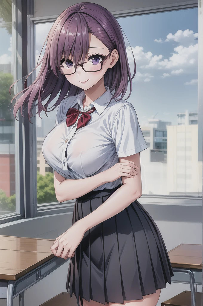 1girl, cowboy shot, classroom, smile, glasses, 
nitengojigen_ririsa, purple eyes, purple hair, short hair, bangs, lace underwear, short sleeves, Show your breasts,sex, pleated skirt, best quality, masterpiece, highres, sleep position,