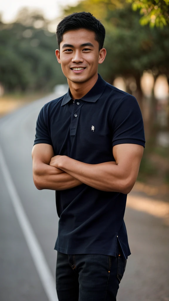 Thai man ,man，He is about 30 years old..，Rough and handsome appearance，large breastsj，Big waistline，buzz cut, angry, sullen, best quality, Masterpiece，（Have muscles：4.5），(best quality,high resolution,Masterpiece:1.2),The eyes are natural and delicate..,1 person,alone,gay asian,muscle,Long legs,brave,short hair details,conjunctivitis ,strong,brown eyes, (outdoor background road :1.5)，in the market，sit (dark blue polo shirt:1.3),Jeans ,smile