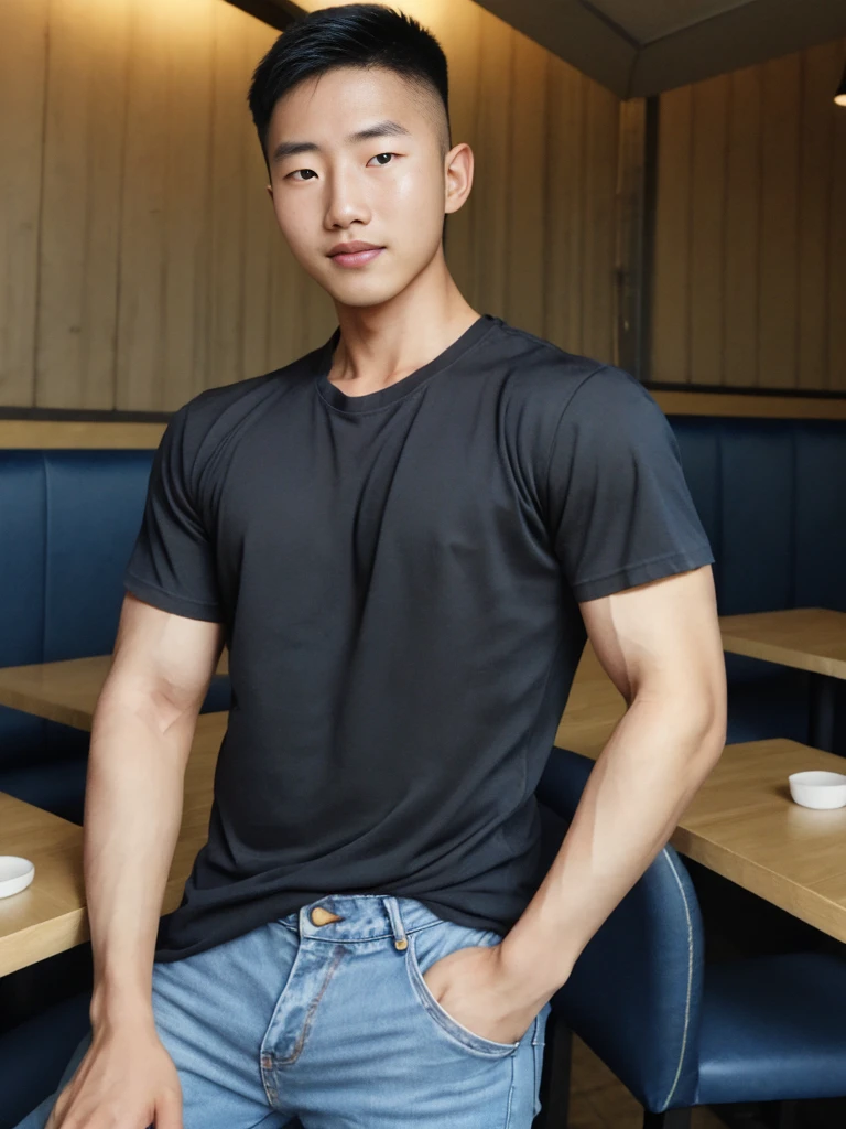 ((realistic daylight)) , Young Korean man in a simple black t-shirt only, no pattern, denim shirt, and jeans., A handsome, muscular young Asian man looks at the camera. , in the restaurant ,turn sideways