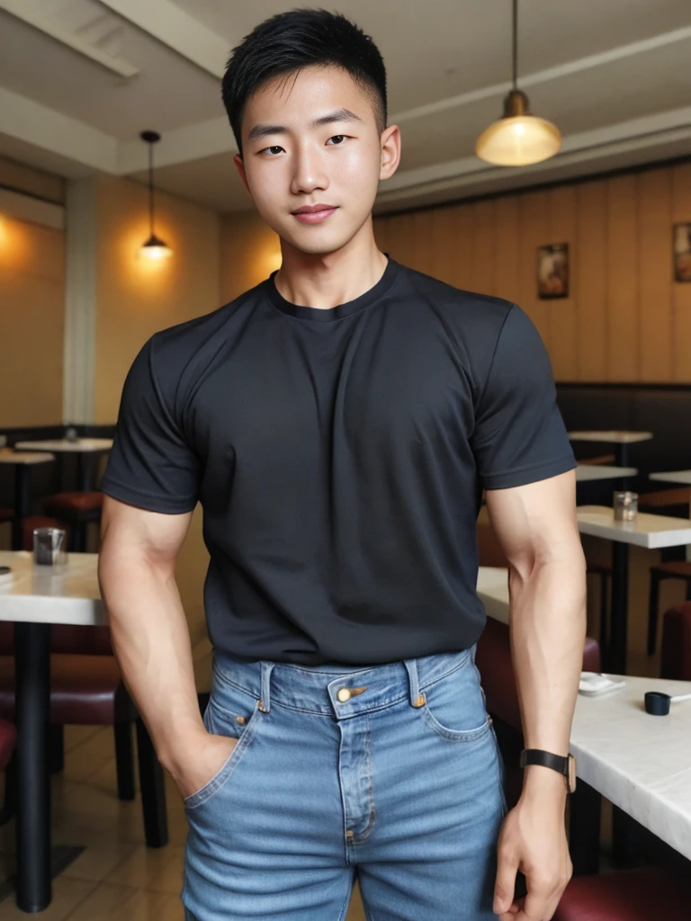 ((realistic daylight)) , Young Korean man in a simple black t-shirt only, no pattern, denim shirt, and jeans., A handsome, muscular young Asian man looks at the camera. , in the restaurant ,turn sideways