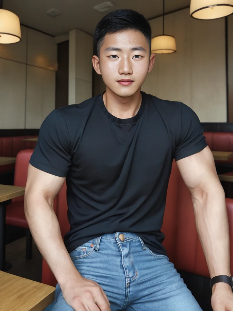 ((realistic daylight)) , Young Korean man in a simple black t-shirt only, no pattern, denim shirt, and jeans., A handsome, muscular young Asian man looks at the camera.  , in the restaurant ,turn sideways