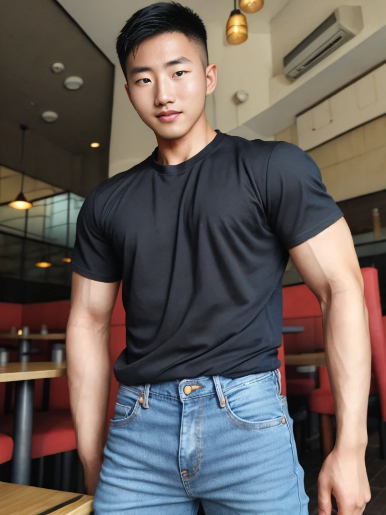 ((realistic daylight)) , Young Korean man in a simple black t-shirt only, no pattern, denim shirt, and jeans., A handsome, muscular young Asian man looks at the camera. , in the restaurant ,turn sideways