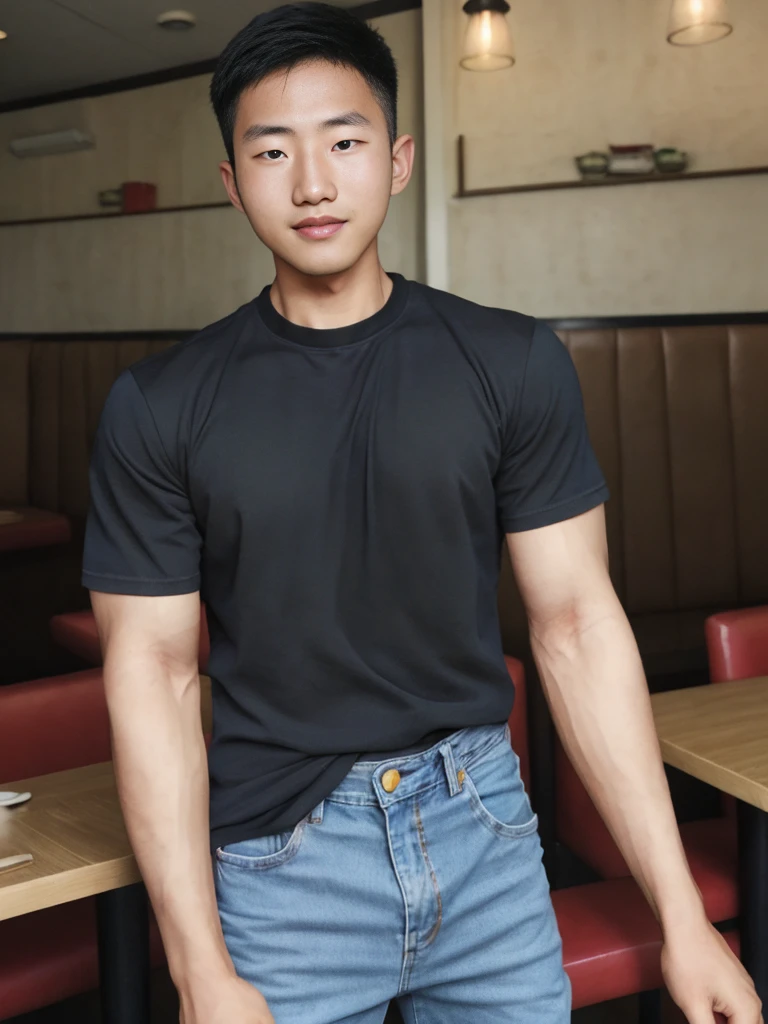((realistic daylight)) , Young Korean man in a simple black t-shirt only, no pattern, denim shirt, and jeans., A handsome, muscular young Asian man looks at the camera. , in the restaurant ,turn sideways