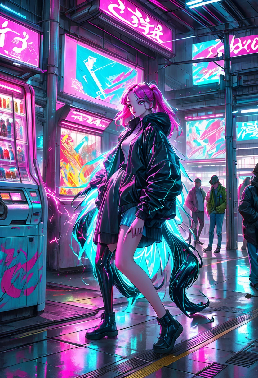 Cyberpunk Train Station: A bustling train station filled with neon lights and holographic advertisements. The train, a sleek metallic beast, arrives with sparks flying from its tracks. People in 80s-inspired cyberpunk attire wait on the platform, surrounded by graffiti-covered walls and futuristic vending machines, cyberpunk aesthetic, digital painting, ultra fine details, cinematic atmosphere