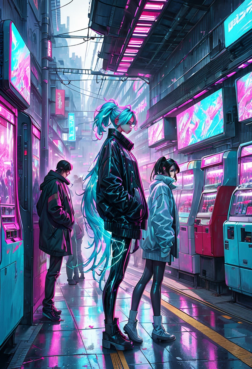 Cyberpunk Train Station: A bustling train station filled with neon lights and holographic advertisements. The train, a sleek metallic beast, arrives with sparks flying from its tracks. People in 80s-inspired cyberpunk attire wait on the platform, surrounded by graffiti-covered walls and futuristic vending machines, cyberpunk aesthetic, digital painting, ultra fine details, cinematic atmosphere