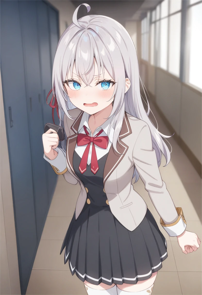 One girl, Alisa Mikhailovna Kujo,Tomorrow, my friend, Arya-san, will be visiting Russia.,alone, Long Hair, Eyebrows visible through hair, Hair between the eyes, Silver Hair, Hair Ribbon, blue eyes, Medium chest, ,White legwear,zettai ryouiki, Long sleeve, Jacket,
Sealing, Portraiture, View your viewers, Severe, corridor, Open your mouth,
Highest quality, so beautiful, Absurd
