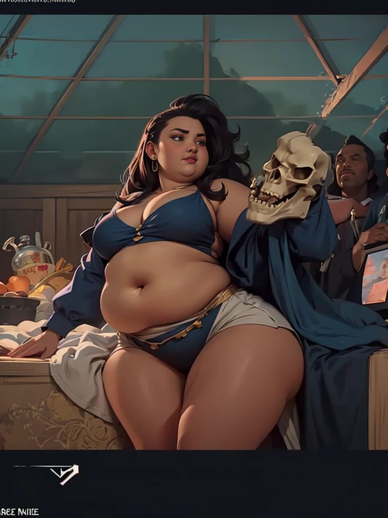 Bbw girl holding her huge fat chubby soft belly, she's sitting next to a dragon skull. Pretty face, red cheeks, très détaillée, robe noire, gros ventre, fat face