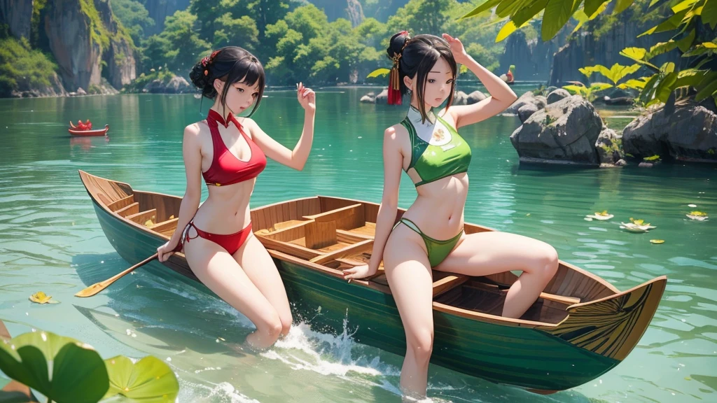 Dragon Boat Festival, on the surface of the water there are 3 busty Chinese women (age 30, golden ratio figure) wearing (revealing tiny tank top, tight bikini bottom labia well defined) paddling on the dragon boat, there are delicious zongzi on the boat, green zongzi are super detailed, the best quality, there are lotus leaves on the water, super detailed
