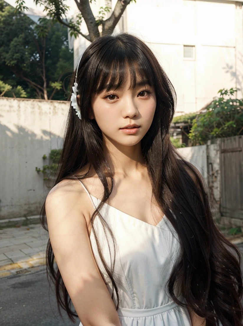 a beautiful korean, with thin body, feminine, soft girl, with white skin, black long wavy hair, and bangs, and a v-shaped small and slim face, wearing a white bouffant dress, while there are trees and houses at the background like in the Phillippines 