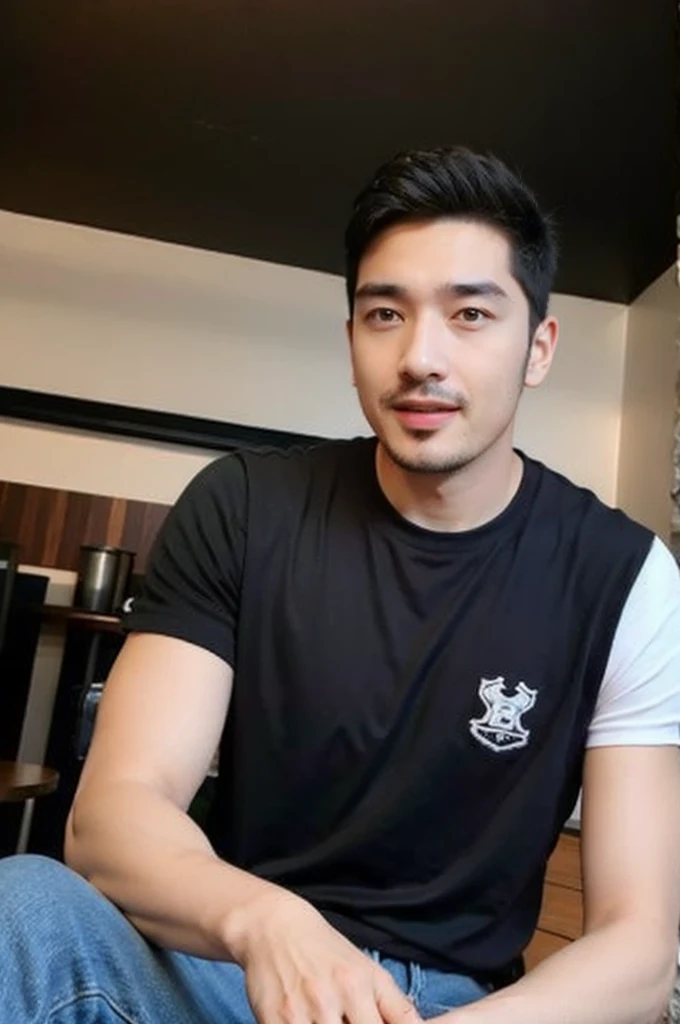 ((realistic daylight)) , Young Korean man in only a black sports shirt, no stripes, and jeans., A handsome, muscular young Asian man looks at the camera.  , in the restaurant ,turn sideways