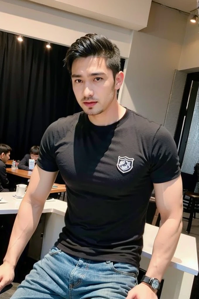 ((realistic daylight)) , Young Korean man in only a black sports shirt, no stripes, and jeans., A handsome, muscular young Asian man looks at the camera.  , in the restaurant ,turn sideways