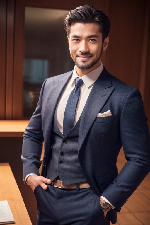 a handsome business man with navy suit, in 20s, smiling, japanese, japanese popular hair style, muscular physique, facing front in an office interior, stare at the front,  (best quality,4k,8k,highres,masterpiece:1.2),ultra-detailed,(realistic,photorealistic,photo-realistic:1.37),highly detailed face,extremely detailed facial features,intricate details,sharp focus,physically-based rendering,vivid colors,studio lighting