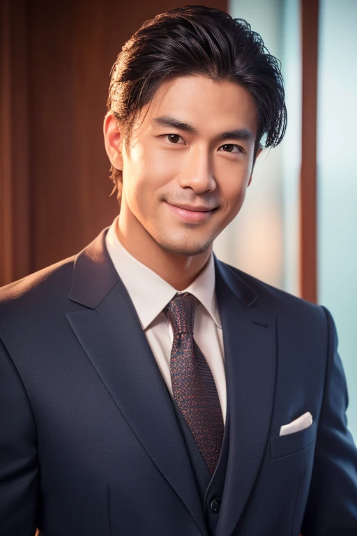 a handsome business man with navy suit, in 20s, smiling, japanese, japanese popular hair style, muscular physique, facing front in an office interior, stare at the front,  (best quality,4k,8k,highres,masterpiece:1.2),ultra-detailed,(realistic,photorealistic,photo-realistic:1.37),highly detailed face,extremely detailed facial features,intricate details,sharp focus,physically-based rendering,vivid colors,studio lighting