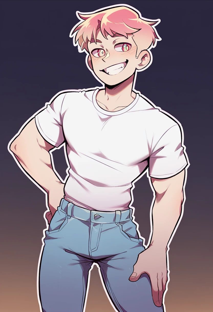 YouTuber, short hair, dark colorful eyes, standing happily with his hand on his hips, plain white tee shirt, black jeans, big smile, plain white background, male , adult male, white outline