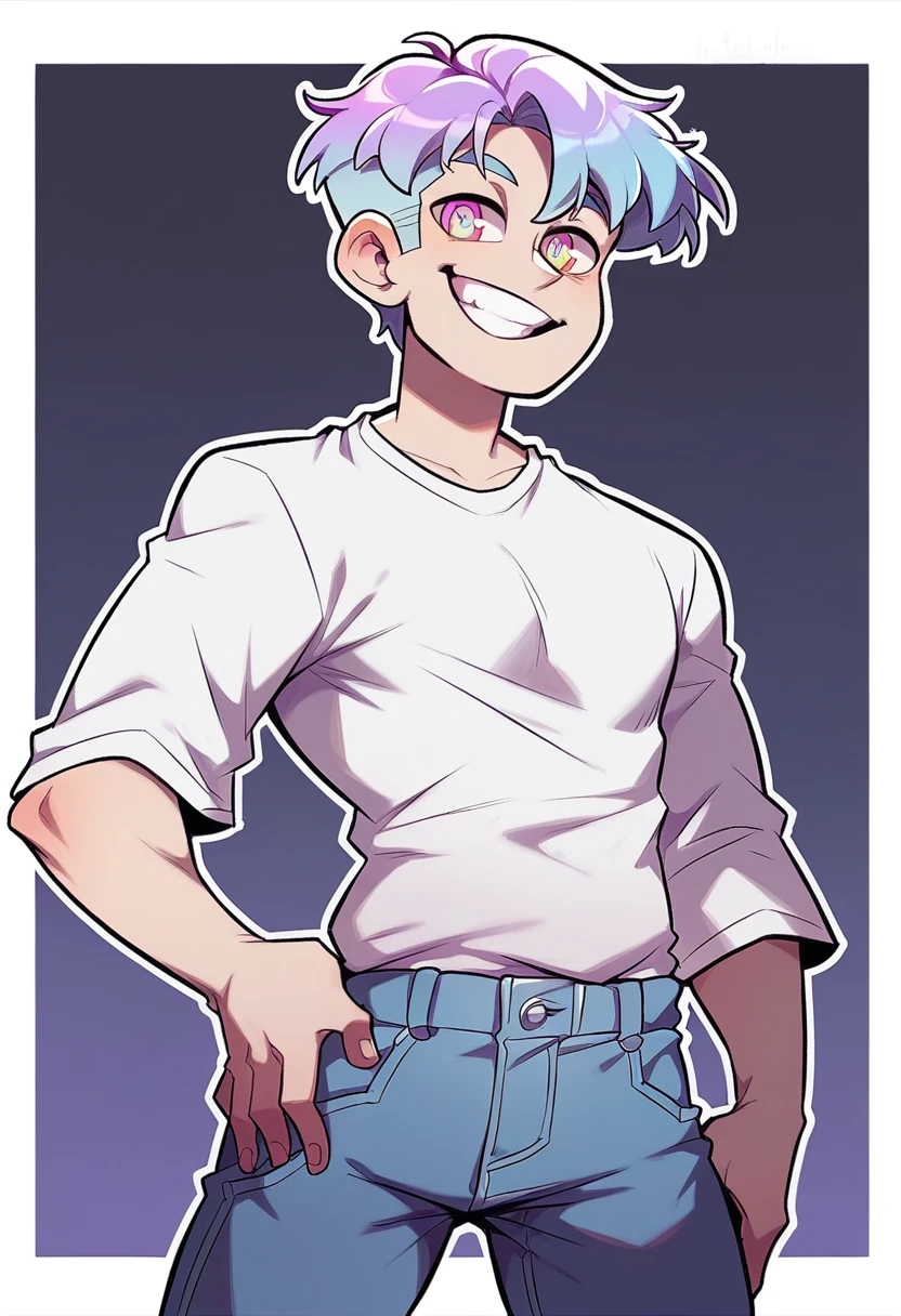 YouTuber, short hair, dark colorful eyes, standing happily with his hand on his hips, plain white tee shirt, black jeans, big smile, plain white background, male , adult male, white outline