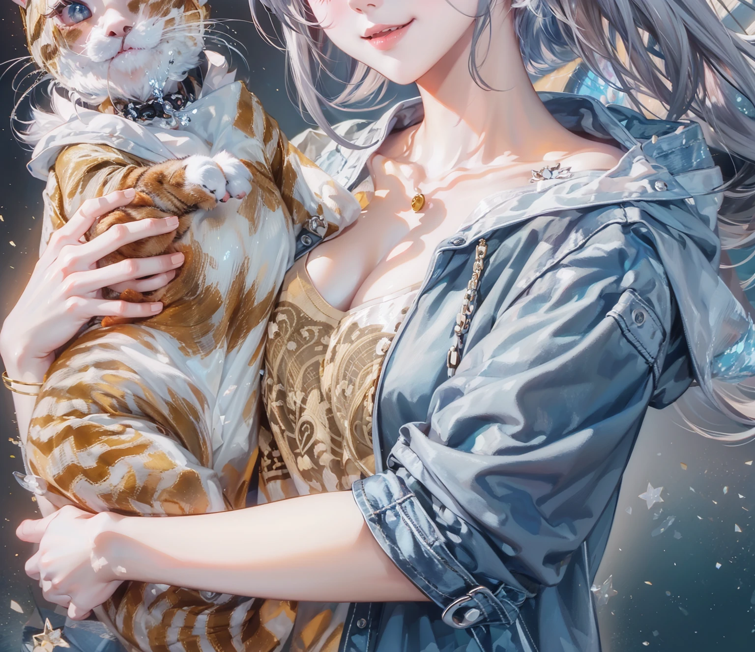 (((Holding a cute orange short-legged cat in both hands，Correct anatomy)))，((Highest quality，masterpiece，A super mature tall beauty，Blue gray high ponytail super long straight hair，Slightly curly hair on double sideburns，Hair ends curled in，Gray short sleeves，Light blue denim gray hooded jacket，Exposed clavicle))，((Mature and sexy，Smile slightly))，starry sky galaxy background