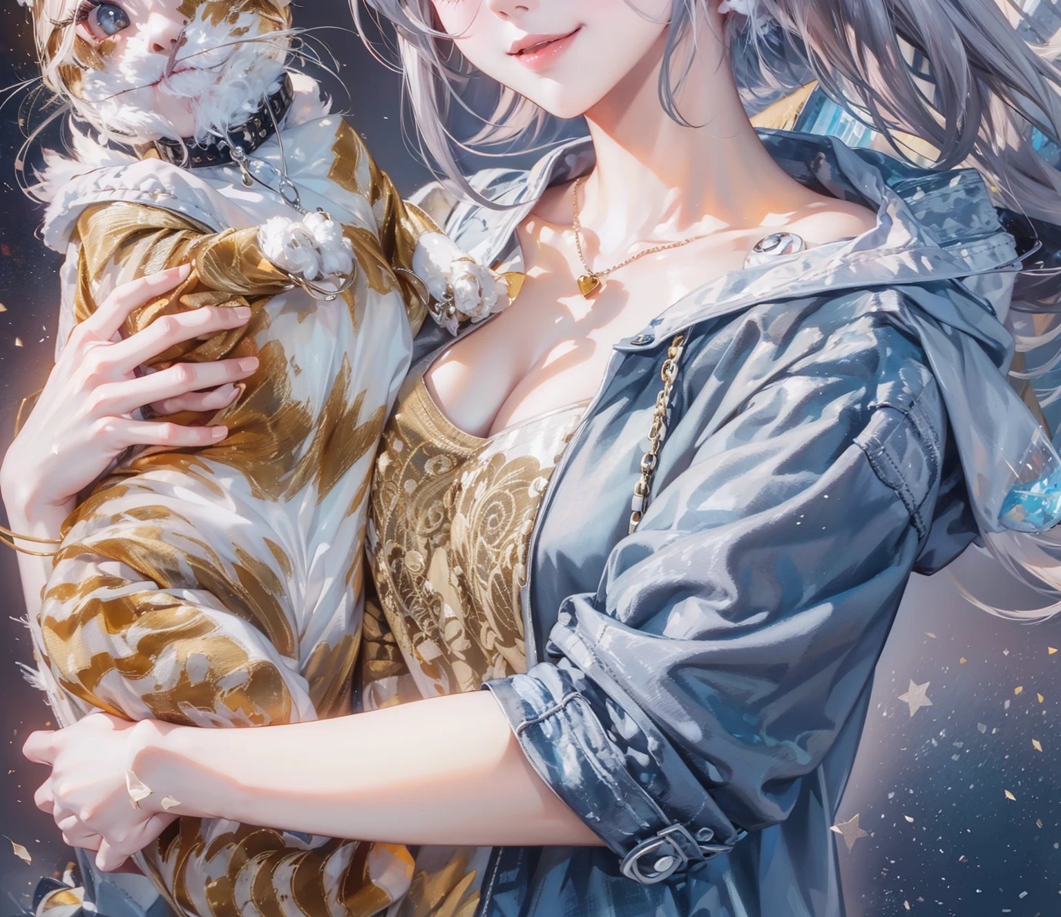(((Holding a cute orange short-legged cat in both hands,Correct anatomy))),((Highest quality,masterpiece,A super mature tall beauty,Blue gray high ponytail super long straight hair,Slightly curly hair on double sideburns,Hair ends curled in,Gray short sleeves,Light blue denim gray hooded jacket,Exposed clavicle)),((Mature and sexy,Smile slightly)),starry sky galaxy background