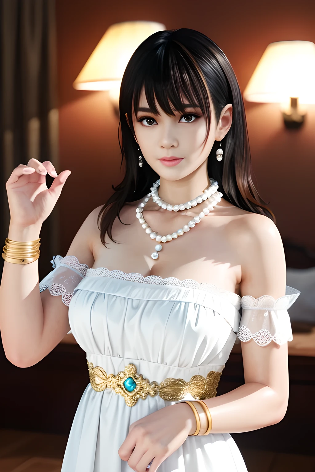 1girl is wearing a graceful white dress with a pearl necklace. The dress is adorned with delicate lace and has capped sleeves. The fabric is embellished with sparkling accents resembling stars. The person is also wearing a gold bracelet on their left wrist. Their hair is styled in an elegant updo, and they are wearing dangling earrings. The background features an indoor setting with soft lighting, a floor lamp, and translucent curtains that let in gentle daylight, creating a serene and sophisticated atmosphere,huge breasts,Nanami