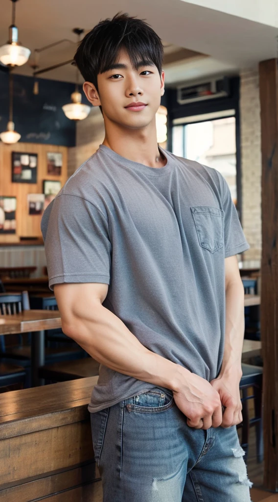((realistic daylight)) , Young Korean man in a gray t-shirt Denim shirt, jeans, A handsome, muscular young Asian man looks at the camera. , in the restaurant ,turn sideways