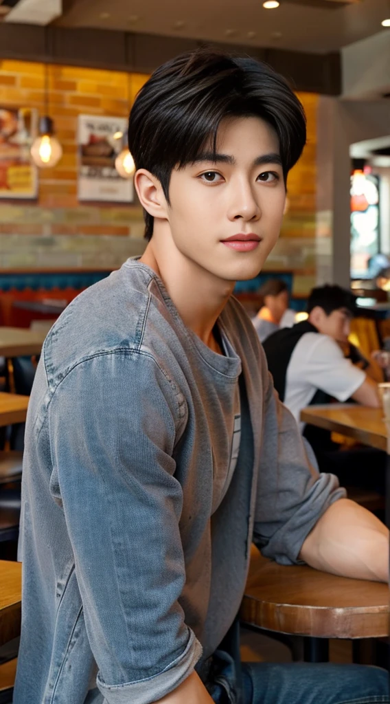 ((realistic daylight)) , Young Korean man in a gray t-shirt Denim shirt, jeans, A handsome, muscular young Asian man looks at the camera. , in the restaurant ,turn sideways