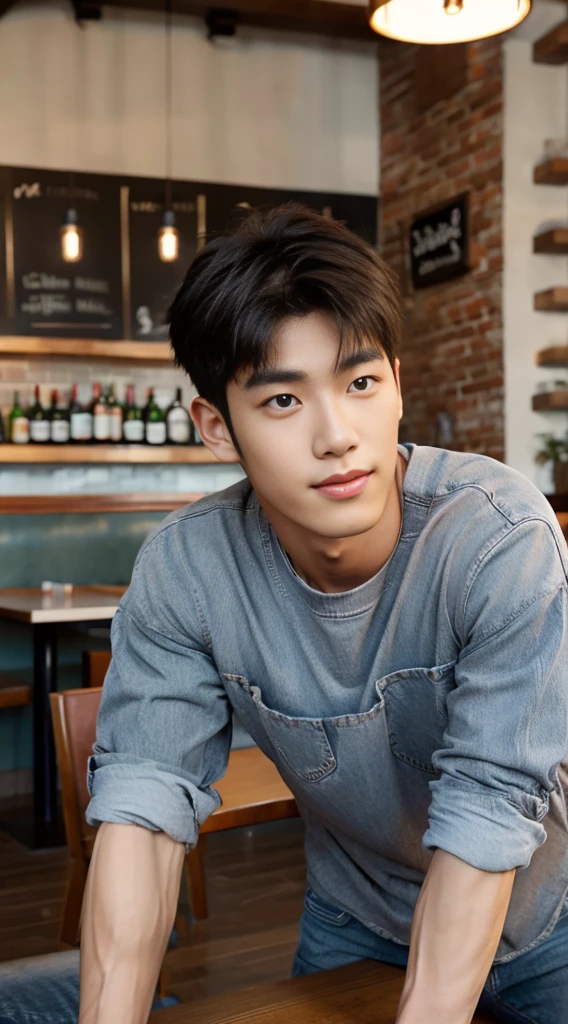 ((realistic daylight)) , Young Korean man in a gray t-shirt Denim shirt, jeans, A handsome, muscular young Asian man looks at the camera. , in the restaurant ,turn sideways