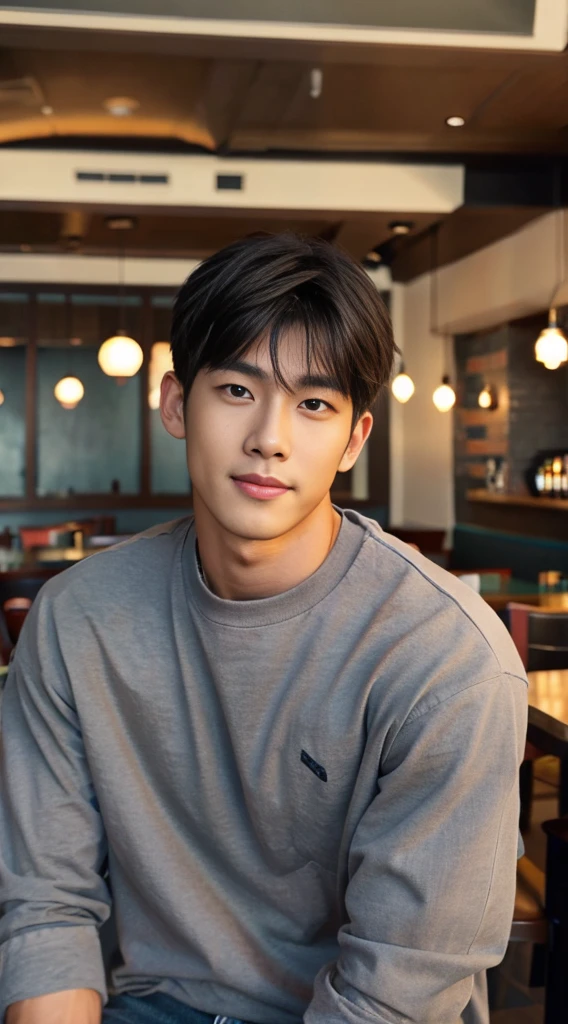 ((realistic daylight)) , Young Korean man in a gray t-shirt Denim shirt, jeans, A handsome, muscular young Asian man looks at the camera. , in the restaurant ,turn sideways