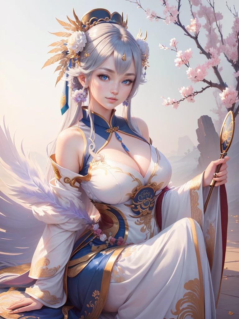anime lady in a silver dress with a feather on her head, yun ling, inspired by Li Mei-shu, full body xianxia, highly detailed exquisite fanart, inspired by Pu Hua, inspired by Ju Lian, yang qi, lei min, Highly detailed CG unit 8k wallpaper, masterpiece, High resolution, highest quality, highest quality real texture skin, Super Real, Digital Painting, Best image quality, 最High resolution, 8k, ((Highly detailed eyes and face, Beautiful eyes every detail)), 1girl, Full Body Shot, Saggy breasts, Gravity-dependent breasts, long chest, Heavy chest, disproportionate breasts, huge breasts, sagging breasts, gigantic breasts, smile, china clothes,