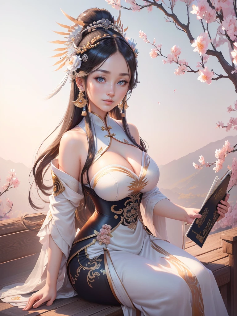 anime lady in a silver dress with a feather on her head, yun ling, inspired by Li Mei-shu, full body xianxia, highly detailed exquisite fanart, inspired by Pu Hua, inspired by Ju Lian, yang qi, lei min, Highly detailed CG unit 8k wallpaper, masterpiece, High resolution, highest quality, highest quality real texture skin, Super Real, Digital Painting, Best image quality, 最High resolution, 8k, ((Highly detailed eyes and face, Beautiful eyes every detail)), 1girl, Full Body Shot, Saggy breasts, Gravity-dependent breasts, long chest, Heavy chest, disproportionate breasts, huge breasts, sagging breasts, gigantic breasts, smile, china clothes,