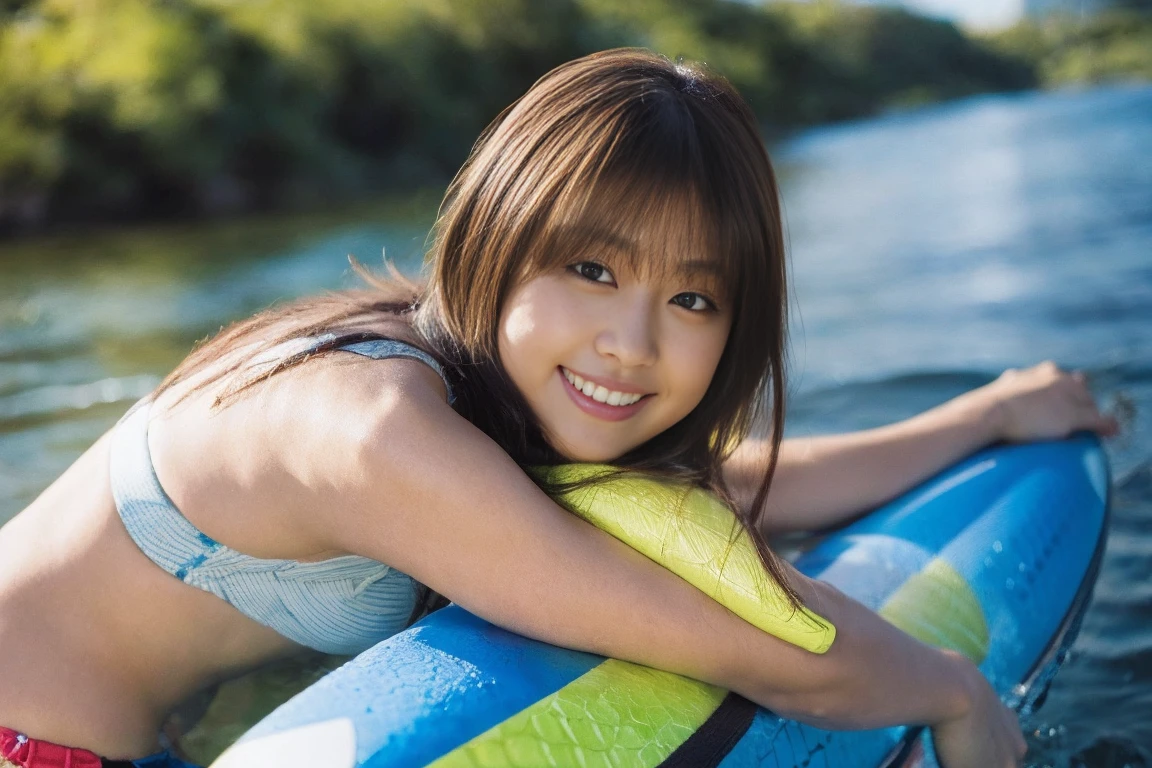 ((stand up paddle board)), riding on board, holding (one) paddle, solo, cute japanese girl, , childish, innocent smile, bikini, full body, calm ocean, nature, ((((hyper-realistic)))), masterpiece, super High resolution, ultra-high quality photos, raw photo, lifelike, true-to-life, very aesthetic, in 8k, high quality, extremely detailed eyes, extremely detailed body,