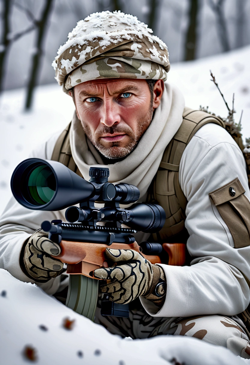 (Sniper), In the snowy ground, the sniper is wearing a white camouflage suit. He breathes steadily, his eyes are focused, and he is waiting for the opportunity. The background is the silent snow, full body, award-winning, cinematic still, emotional, vignette, dynamic, vivid, (masterpiece, best quality, Professional, perfect composition, very aesthetic, absurdres, ultra-detailed, intricate details:1.3)