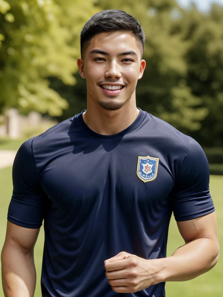 Tony Labrusca, (As a matter of fact, Masterpiece, 8k HD, good light quality, sportswear, fit the face, complicated details), A handsome, muscular young Korean man. , 20 years old, be happy, smile brightly, detailed face, delicate eyes, มองดูsky, Wear a navy tight T-shirt., period, black eyes, Black hair color, ผมsmooth, smooth, outdoor sports, Along the garden, Sunny,sky，Surreal，Superb details，Highest quality，real，