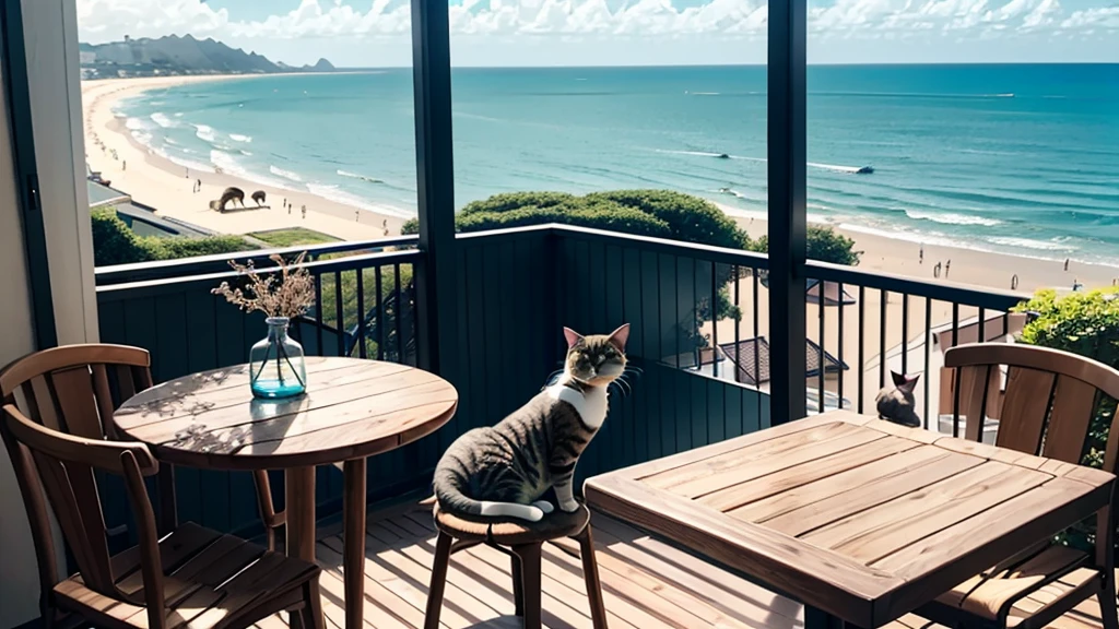 coastal、wooden、Woman holding a cat on an open balcony、A pleasant breeze blows、chairs and tables、Daytime、House with sea view、Beautiful woman、Hair blowing in the wind、