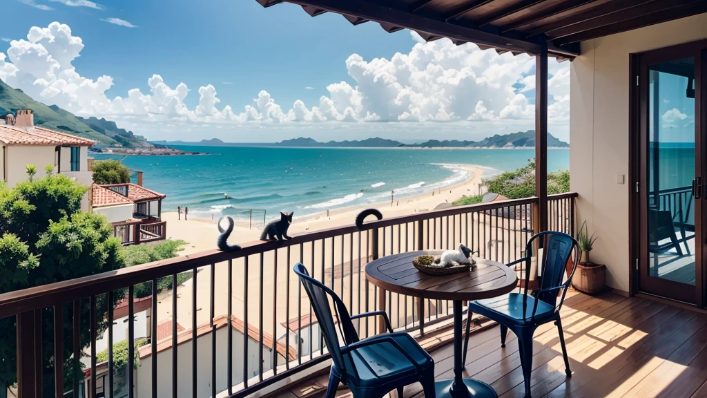 coastal、wooden、Woman holding a cat on an open balcony、A pleasant breeze blows、chairs and tables、Daytime、House with sea view、Beautiful woman、Hair blowing in the wind、