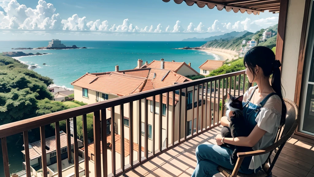 coastal、wooden、Woman holding a cat on an open balcony、A pleasant breeze blows、chairs and tables、Daytime、House with sea view、Beautiful woman、Hair blowing in the wind、