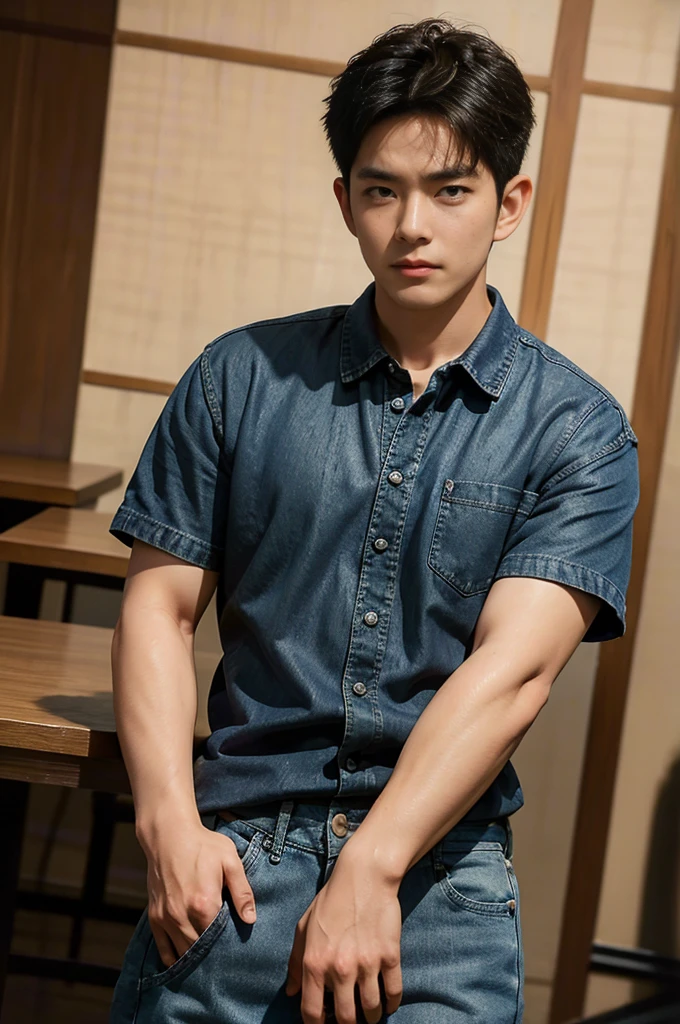 ((realistic daylight)) , Young Korean man in black sports shirt only, no pattern, denim shirt, jeans., A handsome, muscular young Asian man looks at the camera. , in the restaurant ,turn sideways