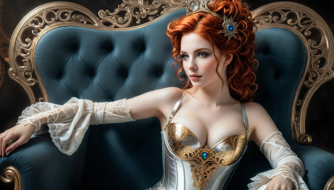 photo, 8k ((surréaliste)) statue d'une sublime femme rousse Steampunk en marbre blanc alangui sur un sofa complexe, plan large, corps entier, souriante et radieuse, bustier étroit incrusté de fines dentelles techniques complexe fractal, bustier effet push-up, complexe, élégante et sensuelle, yeux sublime et intenses, yeux très détaillés, très détaillé, majestueuse, digital photography, art by artgerm and ruan jia and greg rutkowski surréaliste painting gold and silver filigree, (cheveux très long), verre brisé, (chef-d'oeuvre artistique, Éclairage latéral, HDR, Réaliste, HD), sublime grosse poitrine push-up,