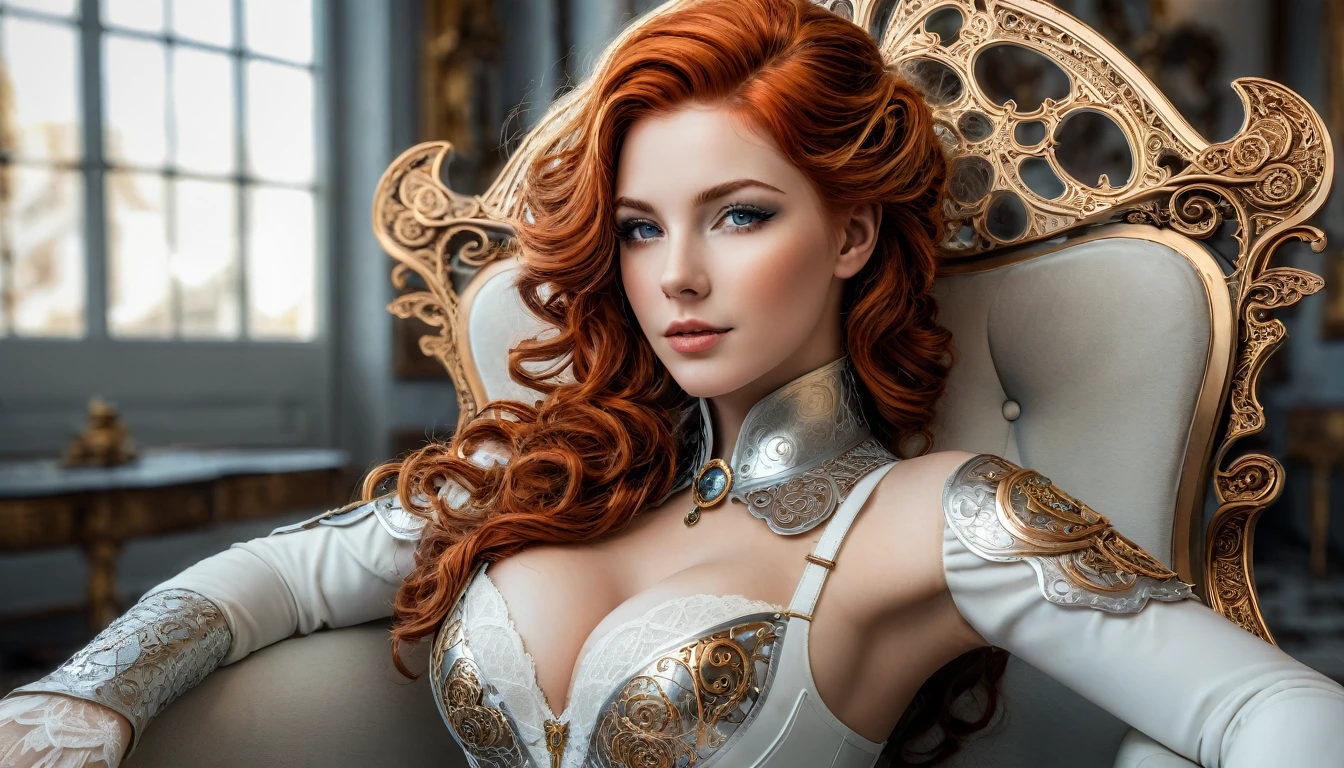 photo, 8k ((surréaliste)) statue d'une sublime femme rousse Steampunk en marbre blanc alangui sur un sofa complexe, plan large, corps entier, souriante et radieuse, bustier étroit incrusté de fines dentelles techniques complexe fractal, bustier effet push-up, complexe, élégante et sensuelle, yeux sublime et intenses, yeux très détaillés, très détaillé, majestueuse, digital photography, art by artgerm and ruan jia and greg rutkowski surréaliste painting gold and silver filigree, (cheveux très long), verre brisé, (chef-d'oeuvre artistique, Éclairage latéral, HDR, Réaliste, HD), sublime grosse poitrine push-up,