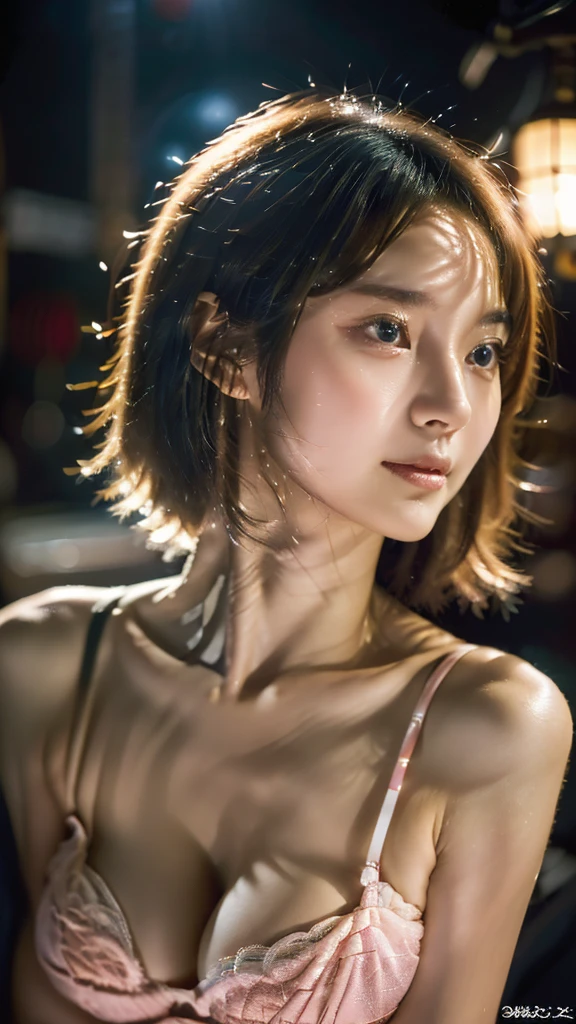 (((Masterpiece: 1.5, best quality, high resolution: 1.3, Super resolution, Superb details, Superb details: 1.3, rich background: 1.2))), 1 woman, alone, green eyes, Long pink hair with blue ribbon, smooth, blunt, Cute Hairpin, , Seraphon white, red sailor collar, tank top, blue pleated skirt,Emphasized breasts :1.5 (in the air), ((downtown), (crowd), ((Japanese atmosphere: 1.3)), terrain, ((nighttime)), darkness, (low beam: 1.1), moon, (moonlight: 1.2), ((dynamic light: 1.4)), ((head close up))))))