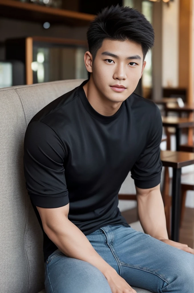 ((realistic daylight)) , Young Korean man in only a black sports shirt, no stripes, and jeans., A handsome, muscular young Asian man looks at the camera.  , in the restaurant ,turn sideways