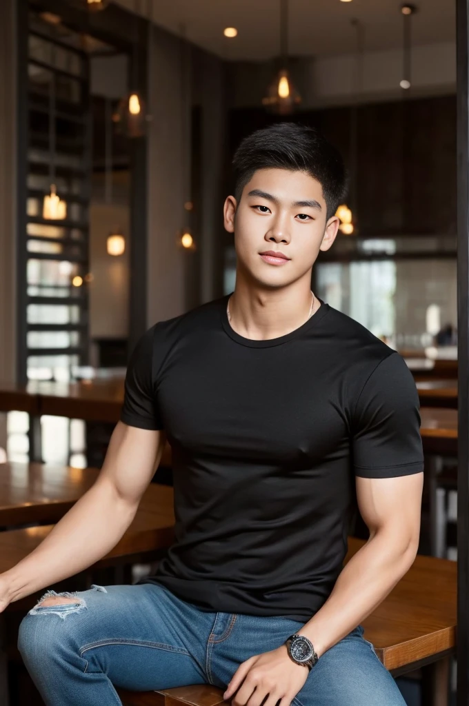 ((realistic daylight)) , Young Korean man in only a black sports shirt, no stripes, and jeans., A handsome, muscular young Asian man looks at the camera.  , in the restaurant ,turn sideways
