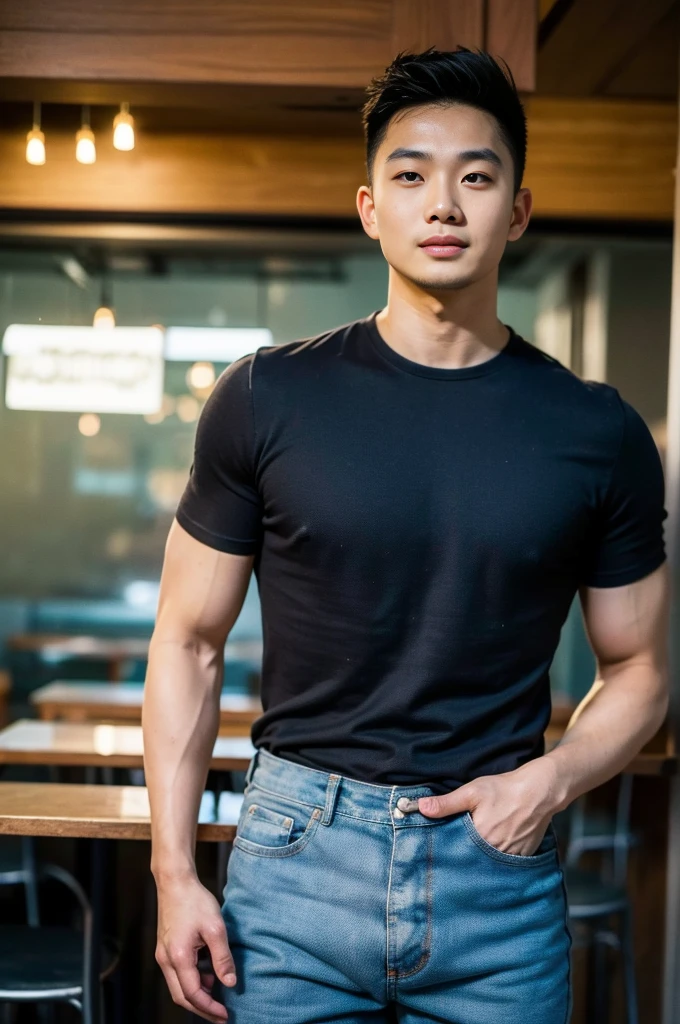 ((realistic daylight)) , Young Korean man in black sports shirt only, no pattern, denim shirt, jeans., A handsome, muscular young Asian man looks at the camera. , in the restaurant ,turn sideways