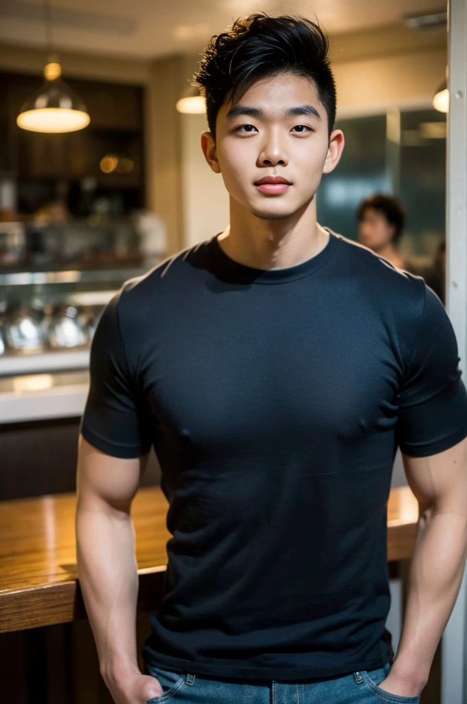 ((realistic daylight)) , Young Korean man in a black t-shirt with no pattern, a denim shirt, and jeans., A handsome, muscular young Asian man looks at the camera.  , in a Thai restaurant ,turn sideways