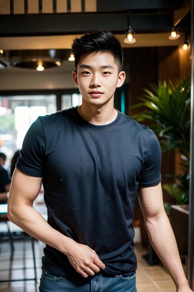 ((realistic daylight)) , Young Korean man in a black t-shirt with no pattern, a denim shirt, and jeans., A handsome, muscular young Asian man looks at the camera. , in a Thai restaurant ,turn sideways