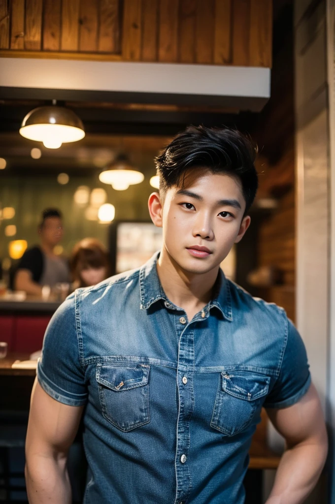 ((realistic daylight)) , Young Korean man in a black t-shirt with no pattern, a denim shirt, and jeans., A handsome, muscular young Asian man looks at the camera.  , in a Thai restaurant ,turn sideways