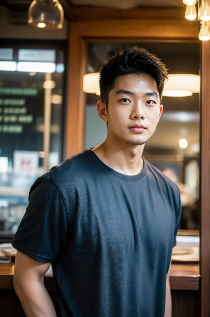 ((realistic daylight)) , Young Korean man in a black t-shirt with no pattern, a denim shirt, and jeans., A handsome, muscular young Asian man looks at the camera.  , in a Thai restaurant ,turn sideways