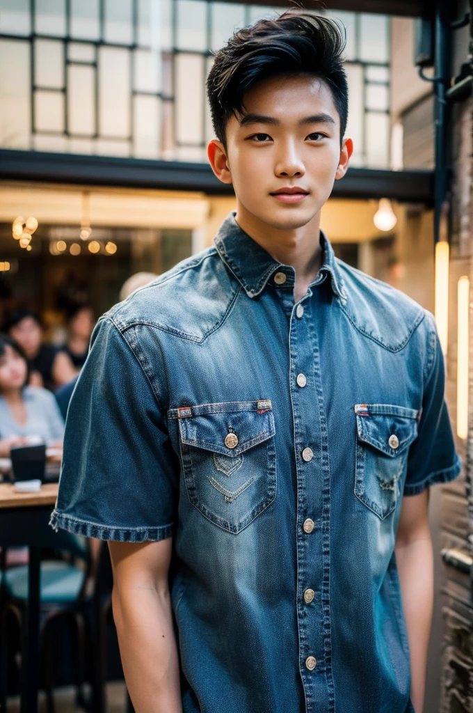 ((realistic daylight)) , Young Korean man in a black t-shirt with no pattern, a denim shirt, and jeans., A handsome, muscular young Asian man looks at the camera.  , in a Thai restaurant ,turn sideways