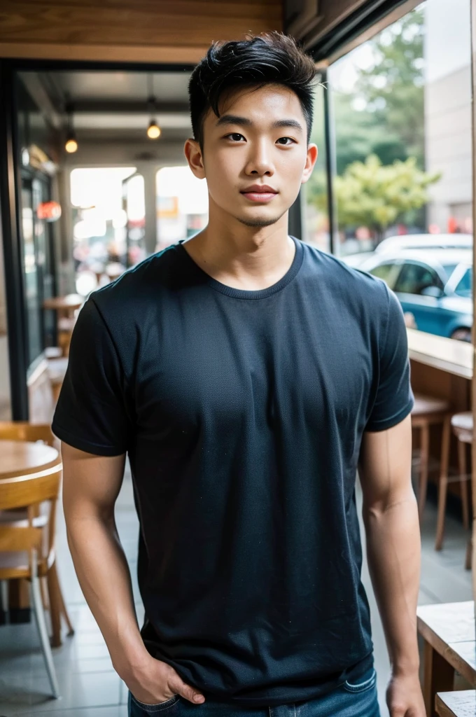 ((realistic daylight)) , Young Korean man in a black t-shirt with no pattern, a denim shirt, and jeans., A handsome, muscular young Asian man looks at the camera.  , in a Thai restaurant ,turn sideways