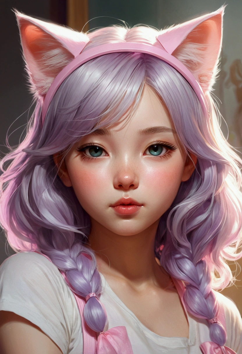 Beautiful little , Cat Ears,Volumetric Light, Ultra-realistic, Intricate details, shape, Painting, watercolor, Cute Chibi, Sleep, close your eyes,ah!, Shallow depth of field, Pastel Color Palette, Soft lighting, minimum, Modern, Digital Painting, Lois van Baerle、Ross Tran、Art by artgerm, Artstation HQのトレンド, Very detailed